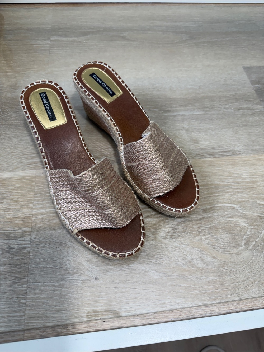 Good Chic Metallic Tan Gold Woven Slide Mules